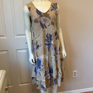 Sleeveless Beige Floral Midi Dress with Blue Accents